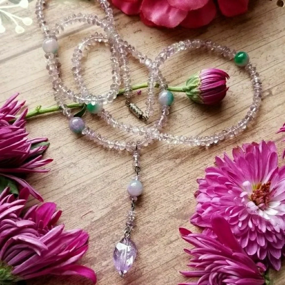 Amethyst necklace long gem strand bead beaded gemstone handmade gem